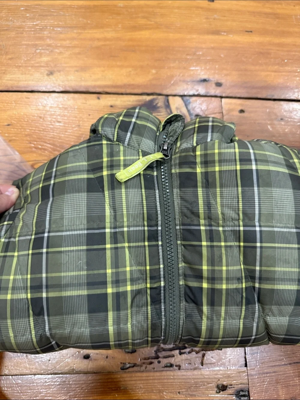 L.L. Bean Green Plaid Kids Hooded Puffer with Lime Accents Size 4T